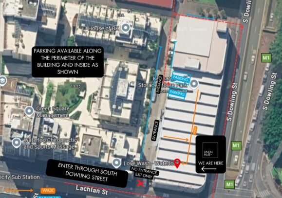 Aerial map showing parking directions for a building complex on South Dowling Street. Parking is available along the perimeter and inside the complex. Entry is from South Dowling Street, with a marked entrance near Waterloo Storage. Exit is marked separately as no entrance. The "We Are Here" location is highlighted near the bottom right of the map, close to Lachlan Street and South Dowling Street.
